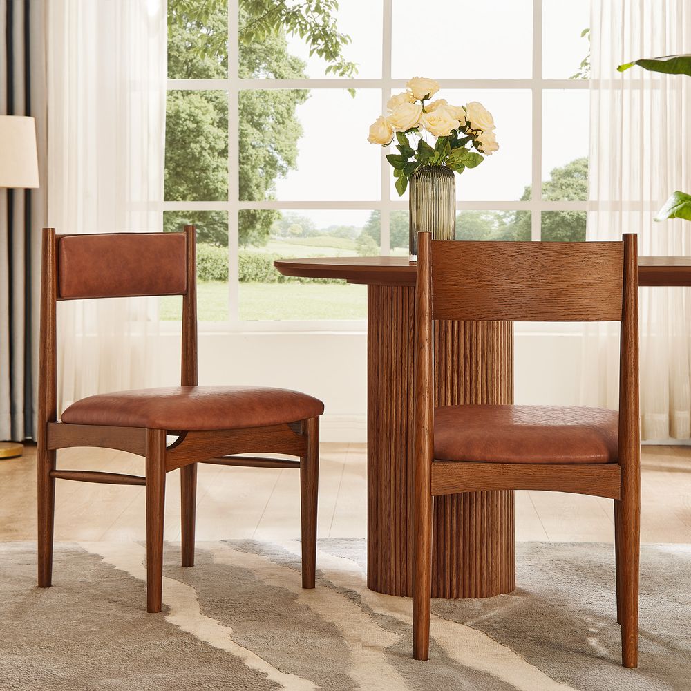 Set of 2 Solid Oak Dining Chairs with Brown PU Leather Upholstery