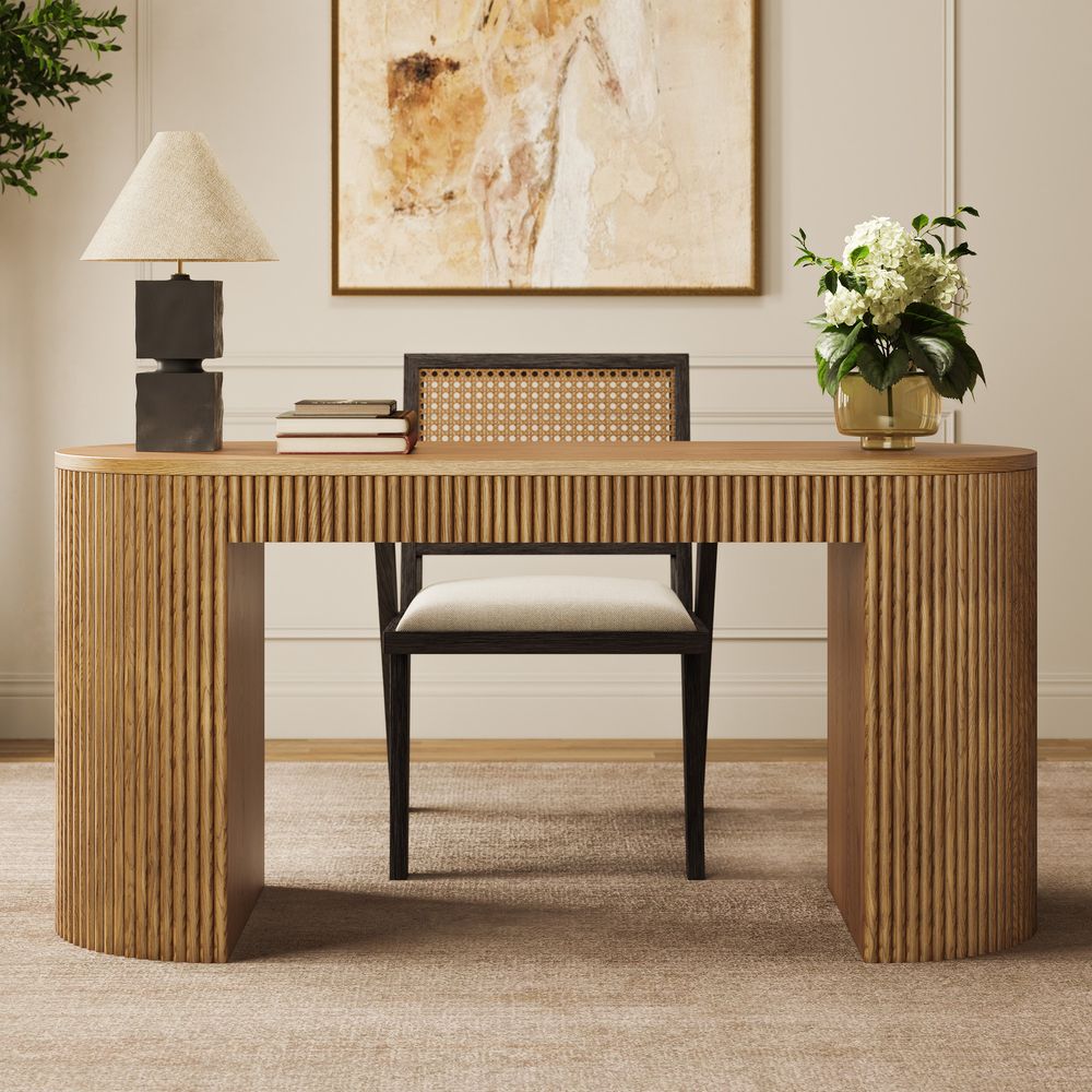 walnut office desk with geometric accents