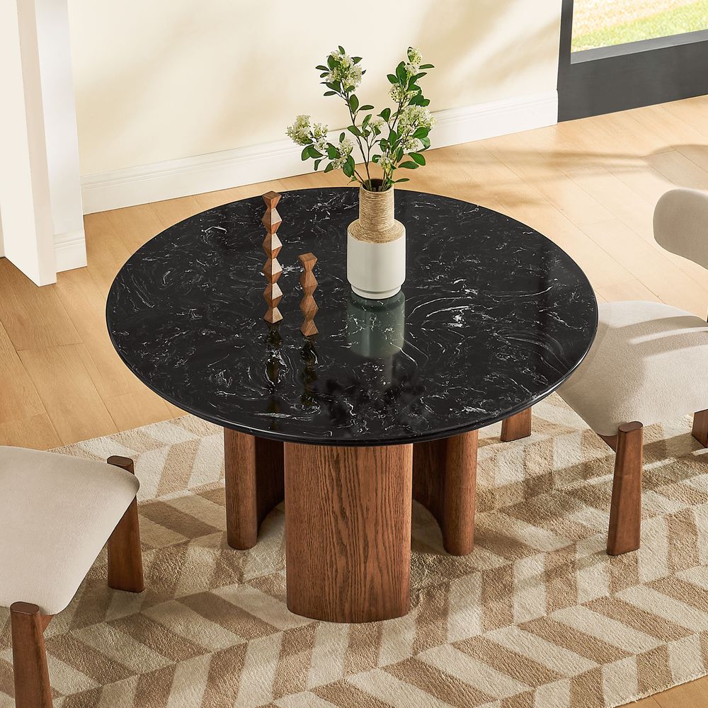 48 Inch Round Black Stone Dining Table with Solid Oak Base for Dining Room