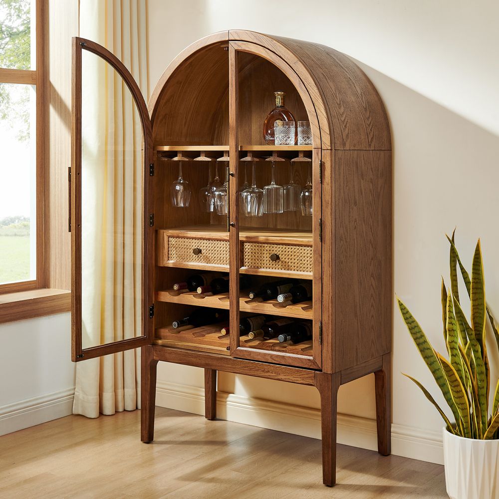 mid century modern 36 inch  wood bar cabinet in brown