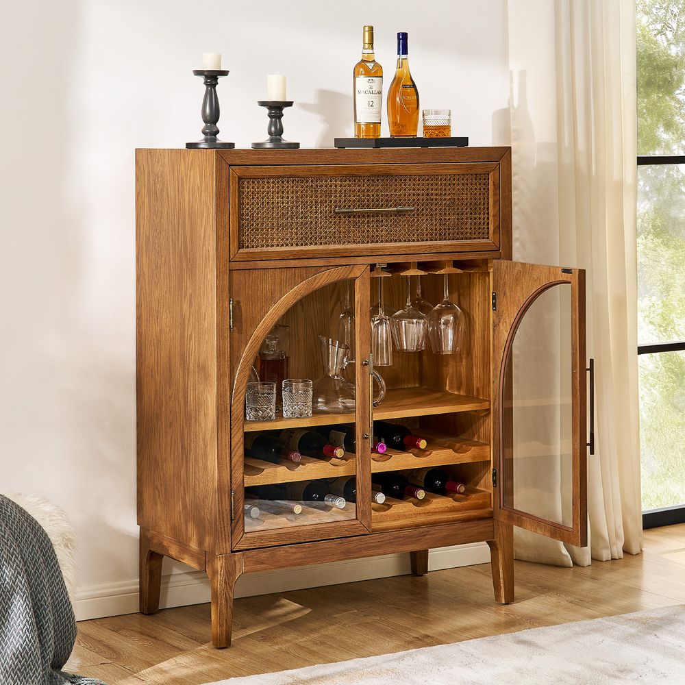 36 inch  brown Oak Arch Glass Door Bar Cabinet for Dining room