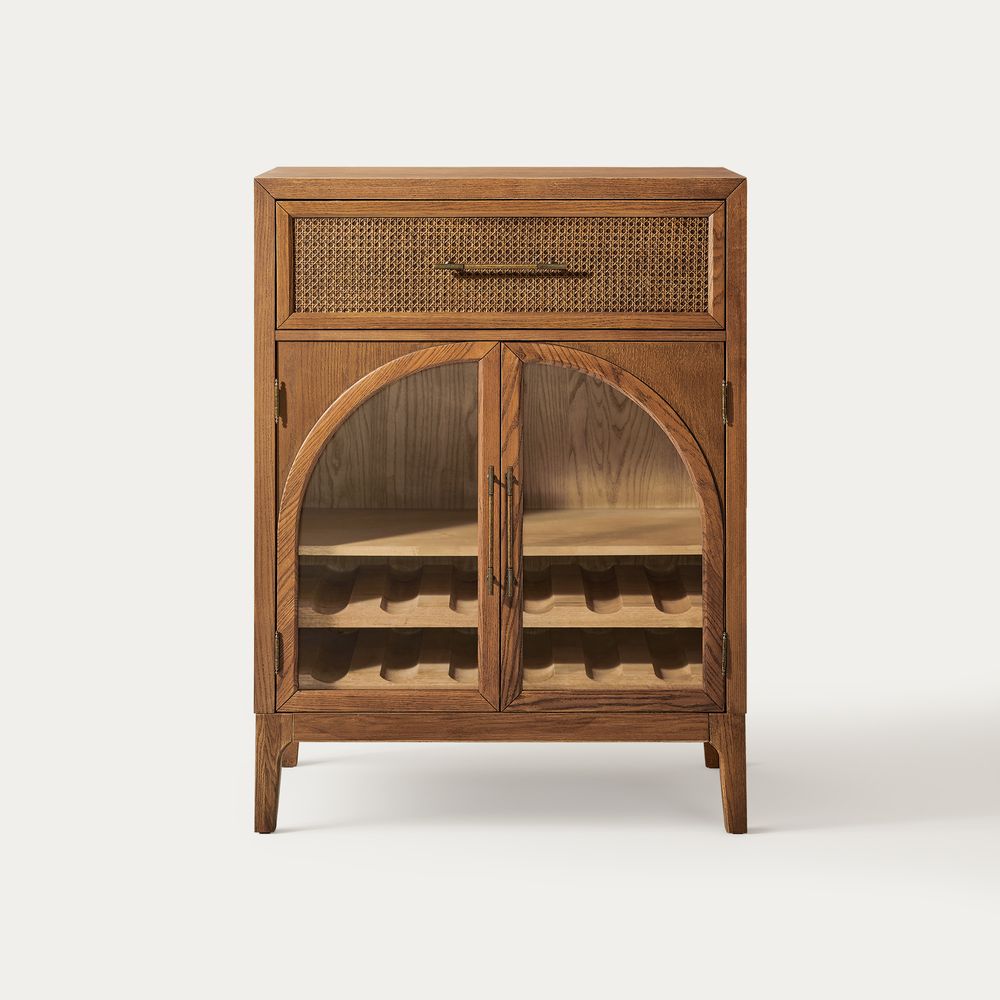 Valborg 36 inch  Oak Arch Glass Door Bar Cabinet