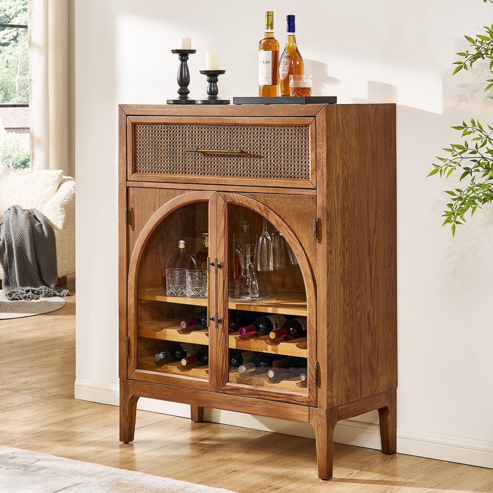 36 inch  brown Oak Arch Glass Door Bar Cabinet for Storage