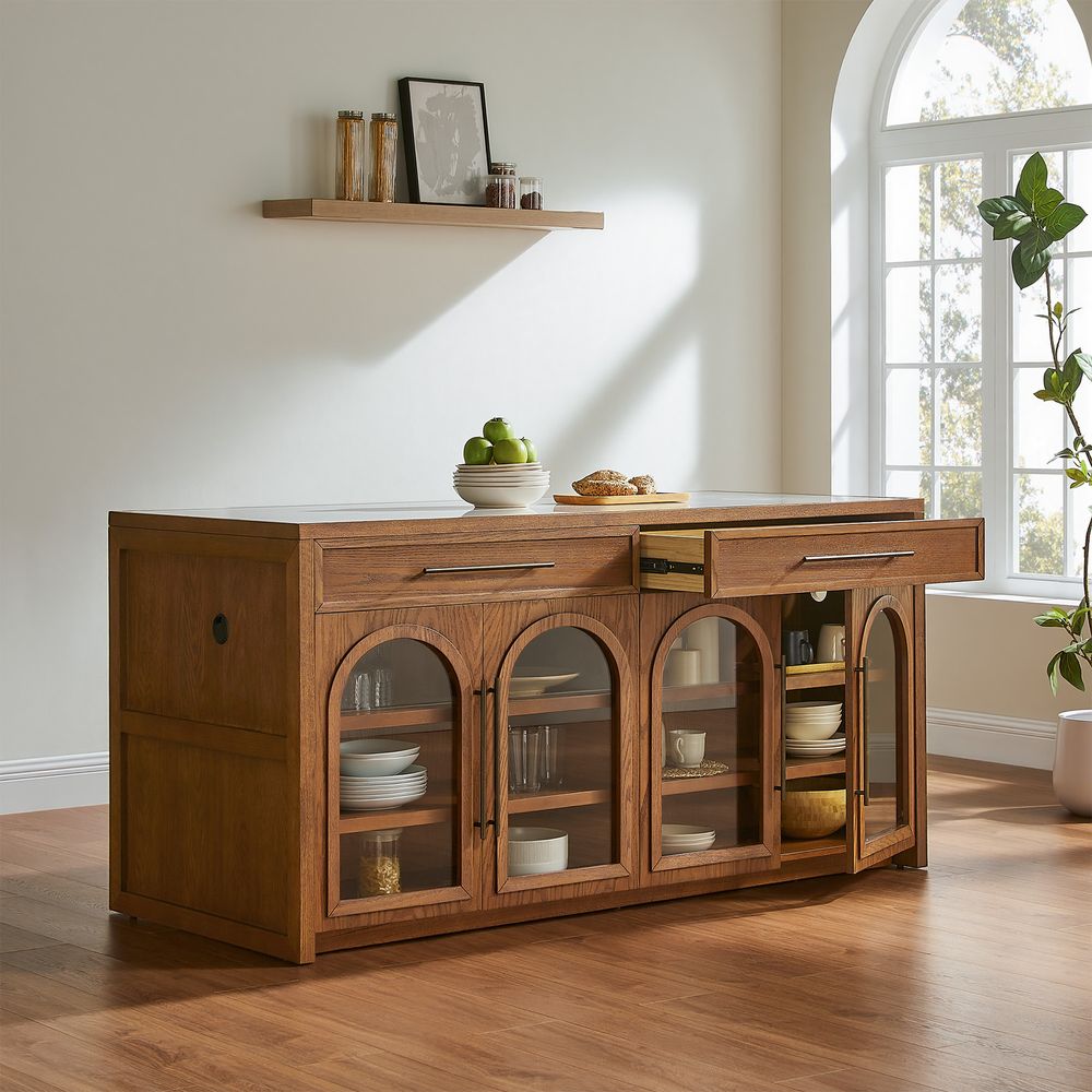 Midcentury Modern 72 inch  White Engineered Kitchen Island with Arched Glass Door and Drawers