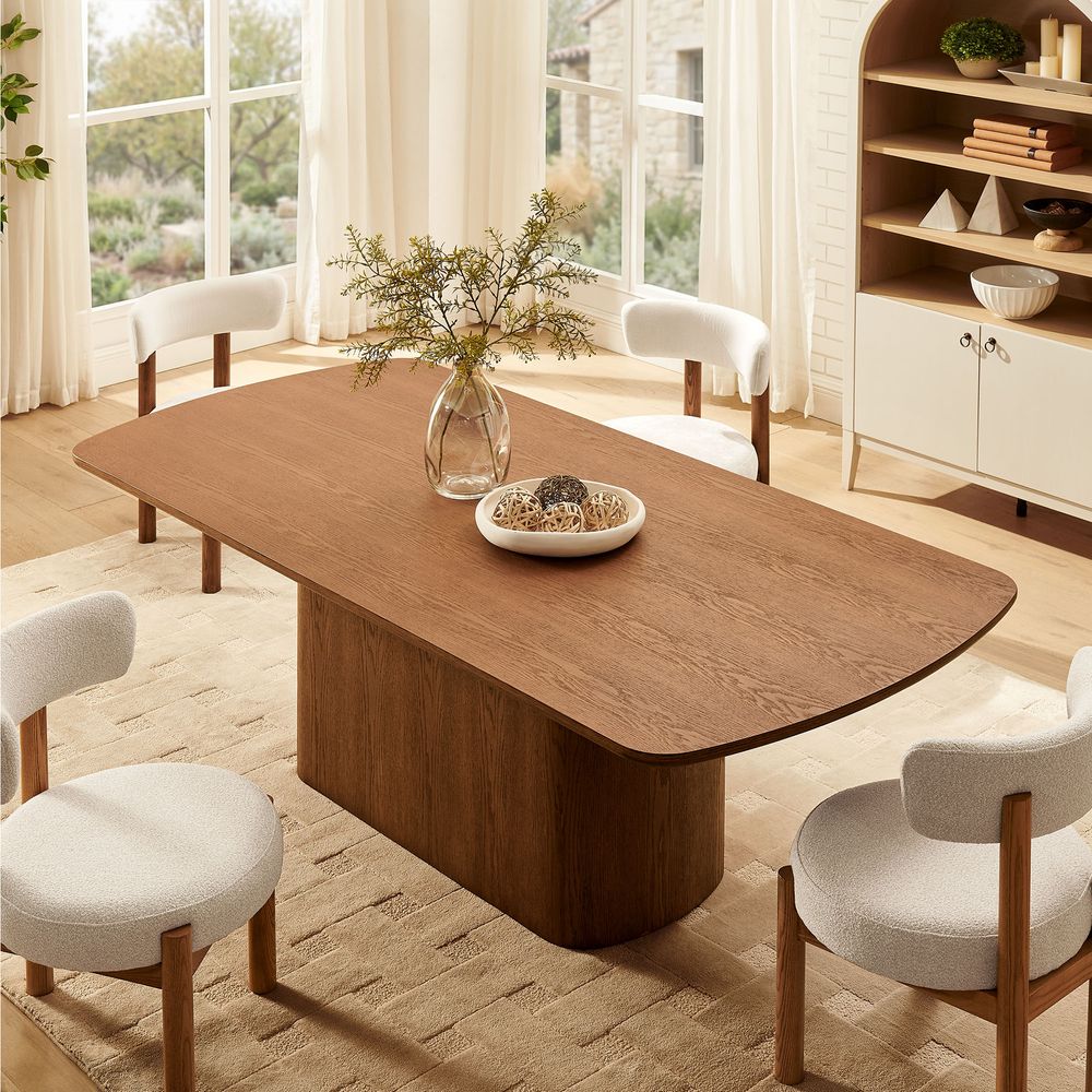 Mid Century 84 inch  Rectangular Oak Dining Table in Warm Brown for Dining Room