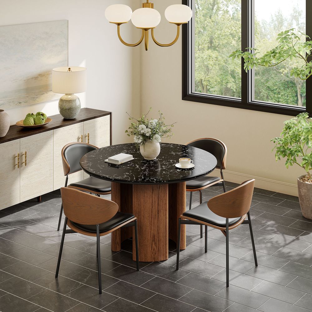 48 Inch Round Black Stone Dining Table with Solid Oak Base