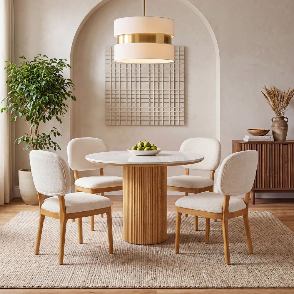 Hernest Rolf 39 inch Dining Table with white engineered stone top and fluted wooden base styled in a warm, modern dining room setting.