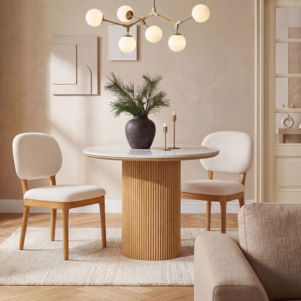 Hernest Rolf 39 inch Dining Table with white engineered stone top and fluted wooden base styled in a warm, modern dining room setting.