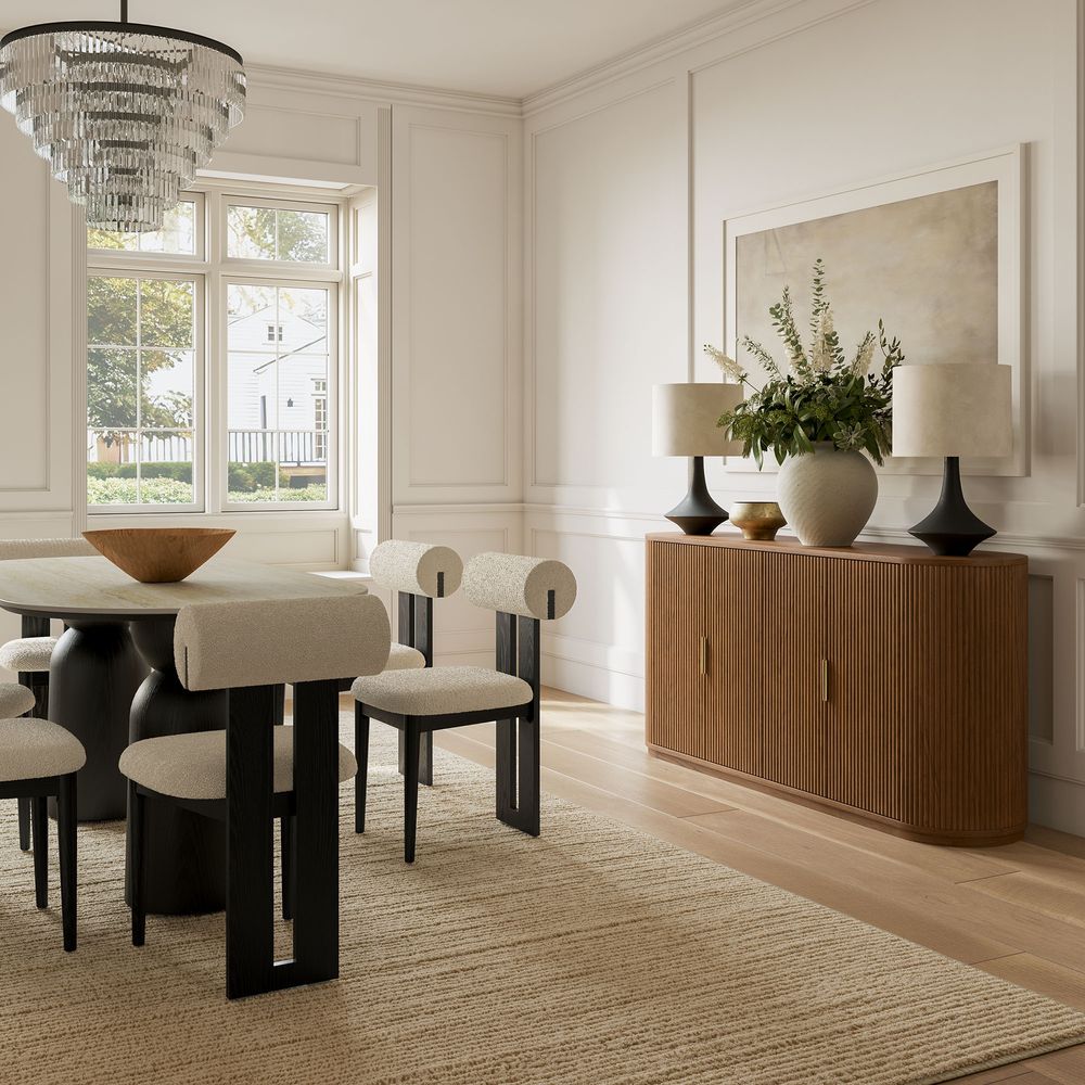 Hernest Rolf 63 inch Oak Sideboard with fluted front and elegant décor in a mid-century modern dining room setting.