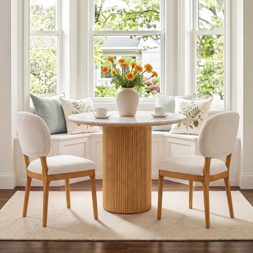 Hernest Rolf 39 inch Dining Table with white engineered stone top and fluted wooden base styled in a warm, modern dining room setting.