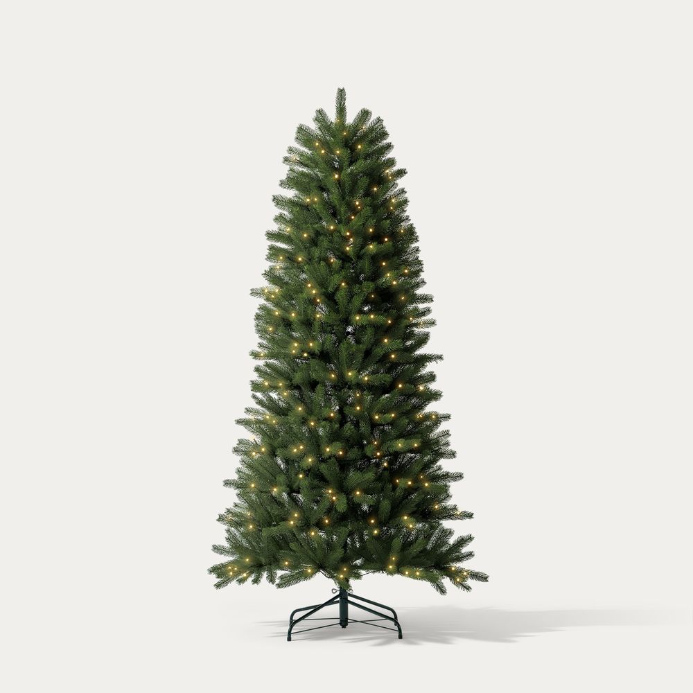 flocked pre lit christmas tree artificial 7.5 ft 6.5ft PE snow green full slim magic wand Noble Fir frosted RGB light prelit pre-decorated green christmas trees with remote control pre-Lit hinged artificial Xmas tree with partially frosted tips