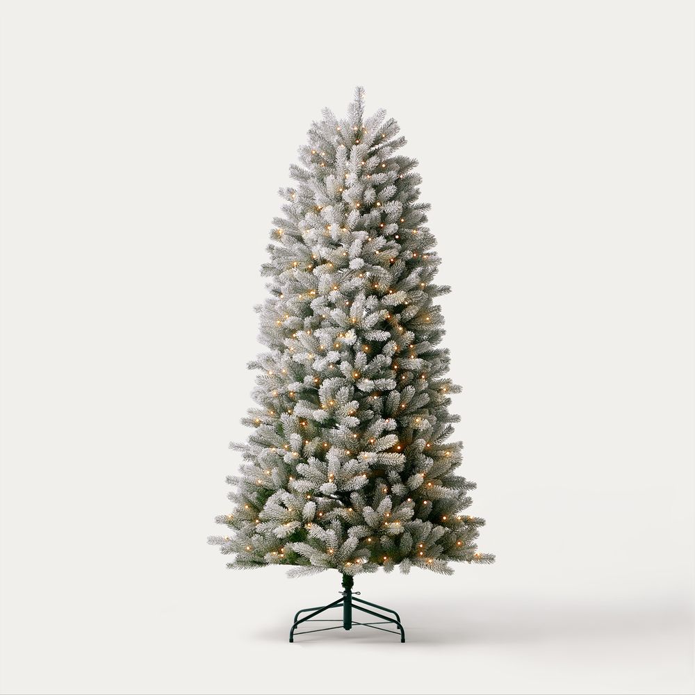 flocked pre lit christmas tree artificial 7.5 ft 6.5ft PE snow green full slim magic wand Noble Fir frosted RGB light prelit pre-decorated green christmas trees with remote control pre-Lit hinged artificial Xmas tree with partially frosted tips