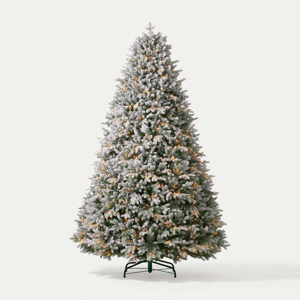 flocked pre lit christmas tree artificial 7.5 ft 6.5ft PE snow green full slim magic wand Noble Fir frosted RGB light prelit pre-decorated green christmas trees with remote control pre-Lit hinged artificial Xmas tree with partially frosted tips