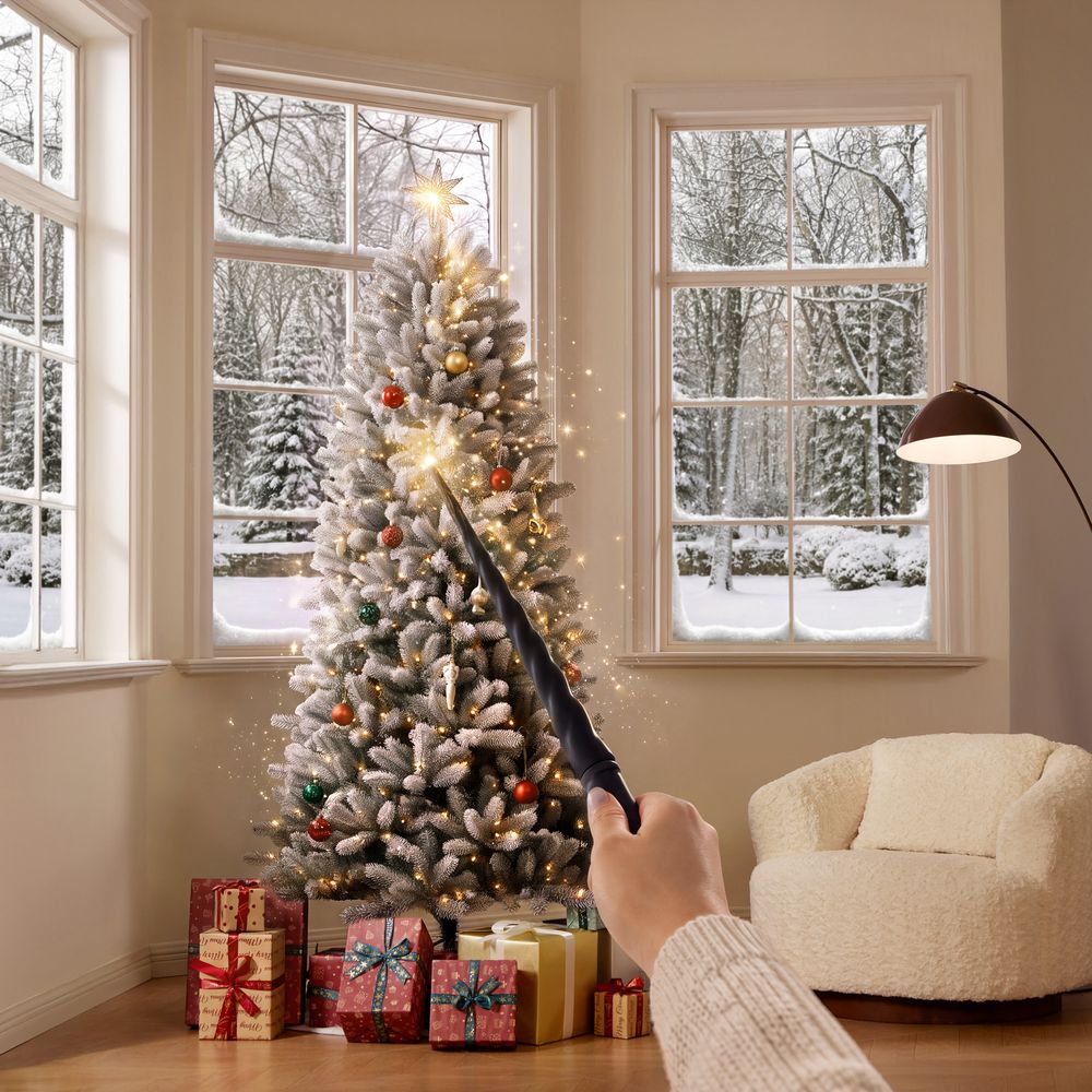 Controlling the CastGlow 6.5 ft pre-lit slim flocked artificial Christmas tree with the magic wand.