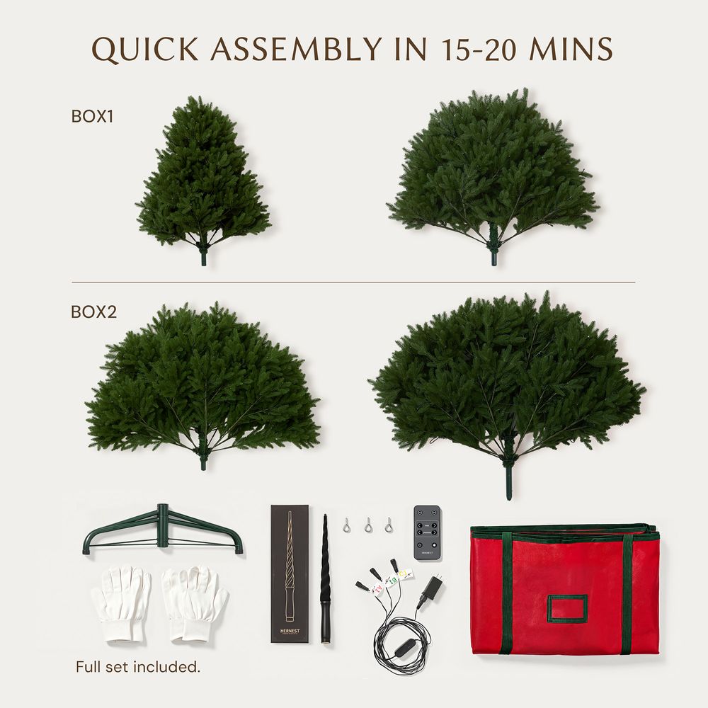 Full set of parts for the CastGlow 7.5 ft Christmas tree including 4 sections, stand, magic wand, and storage bag.