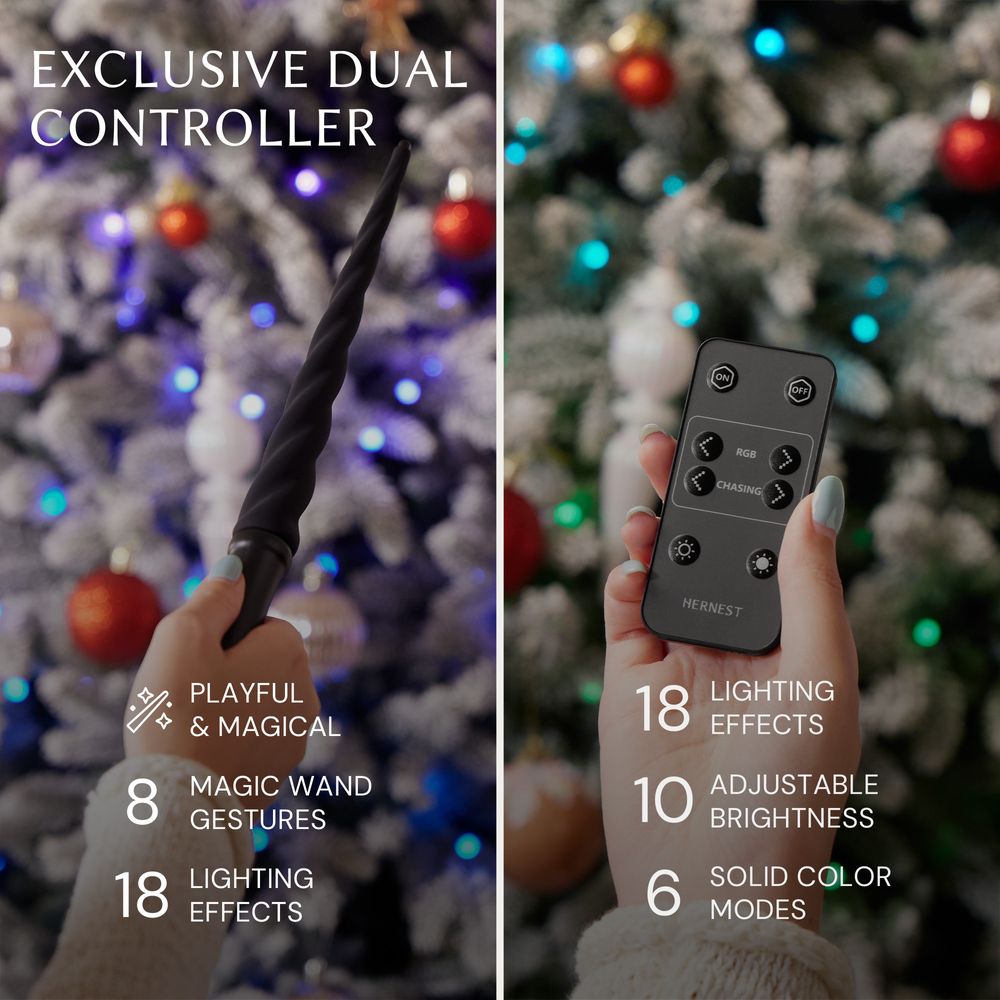 CastGlow dual controller highlighting the magic wand with 8 gestures and remote with 18 lighting effects.