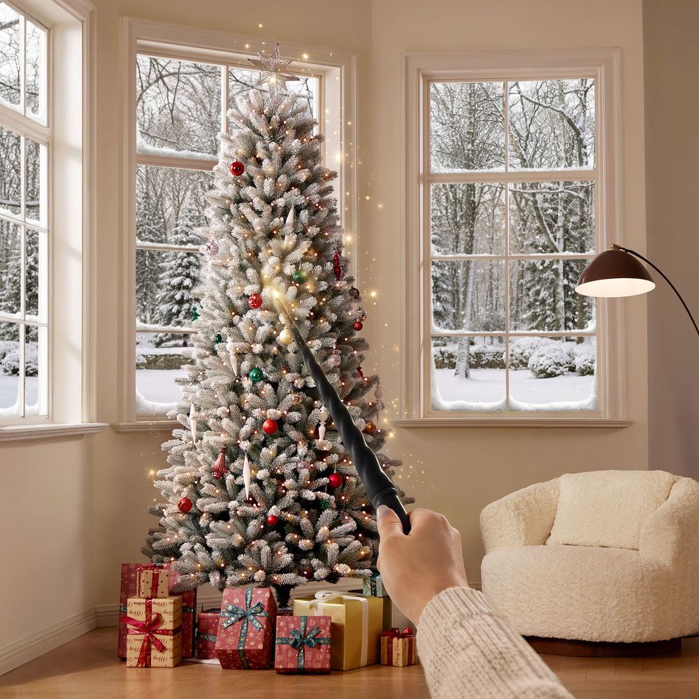 Snowy living room featuring the CastGlow 7.5 ft pre-lit slim flocked artificial Christmas tree controlled by a magic wand.