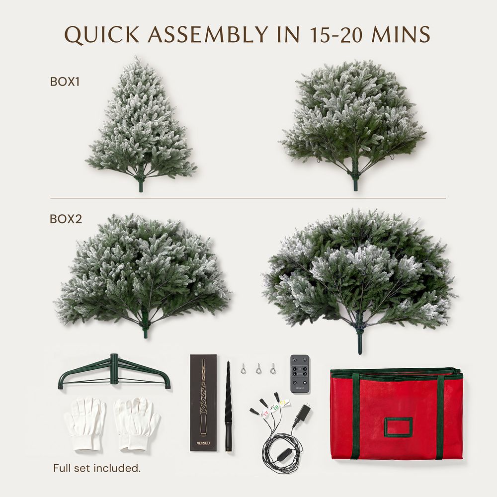 Complete CastGlow 7.5 Ft Christmas Tree set including four sections, metal stand, magic wand, remote, and storage bag.
