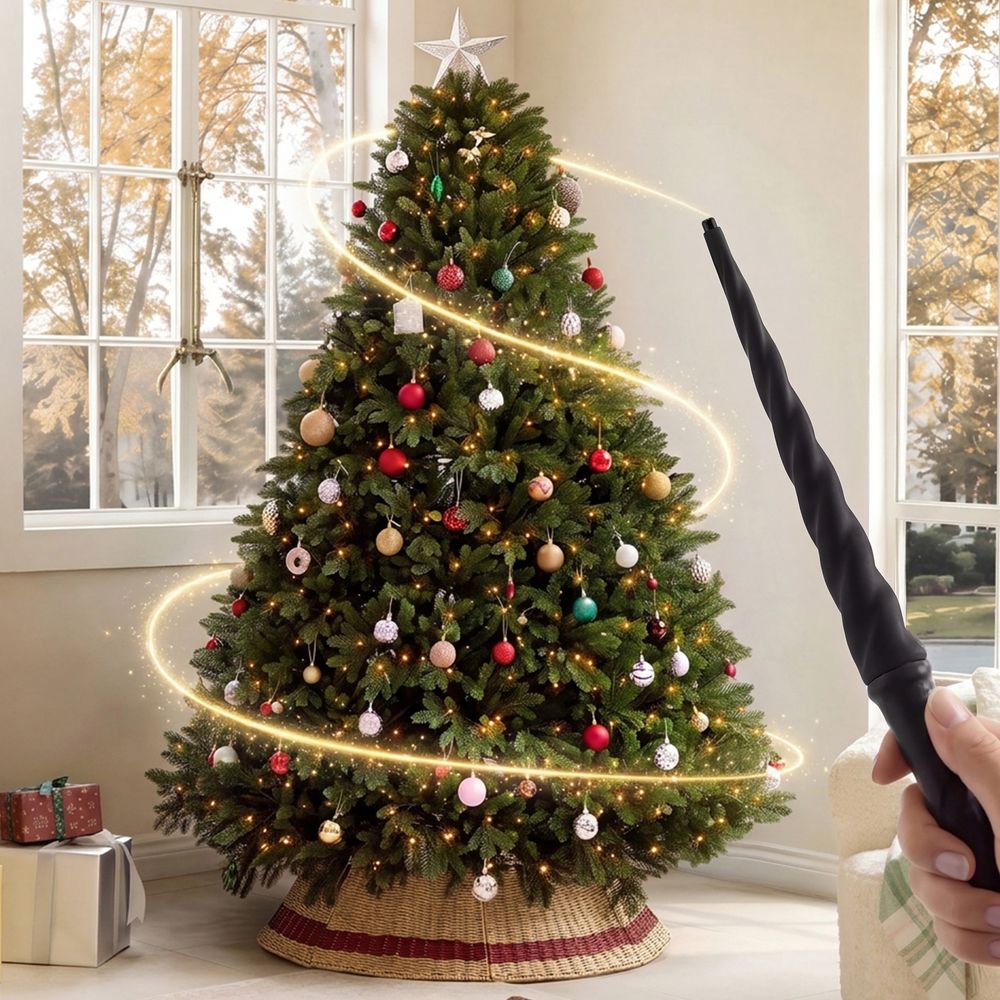 Cozy living room featuring the CastGlow 6.5 ft pre-lit natural green artificial Christmas tree controlled by a magic wand. - image 2 of 12