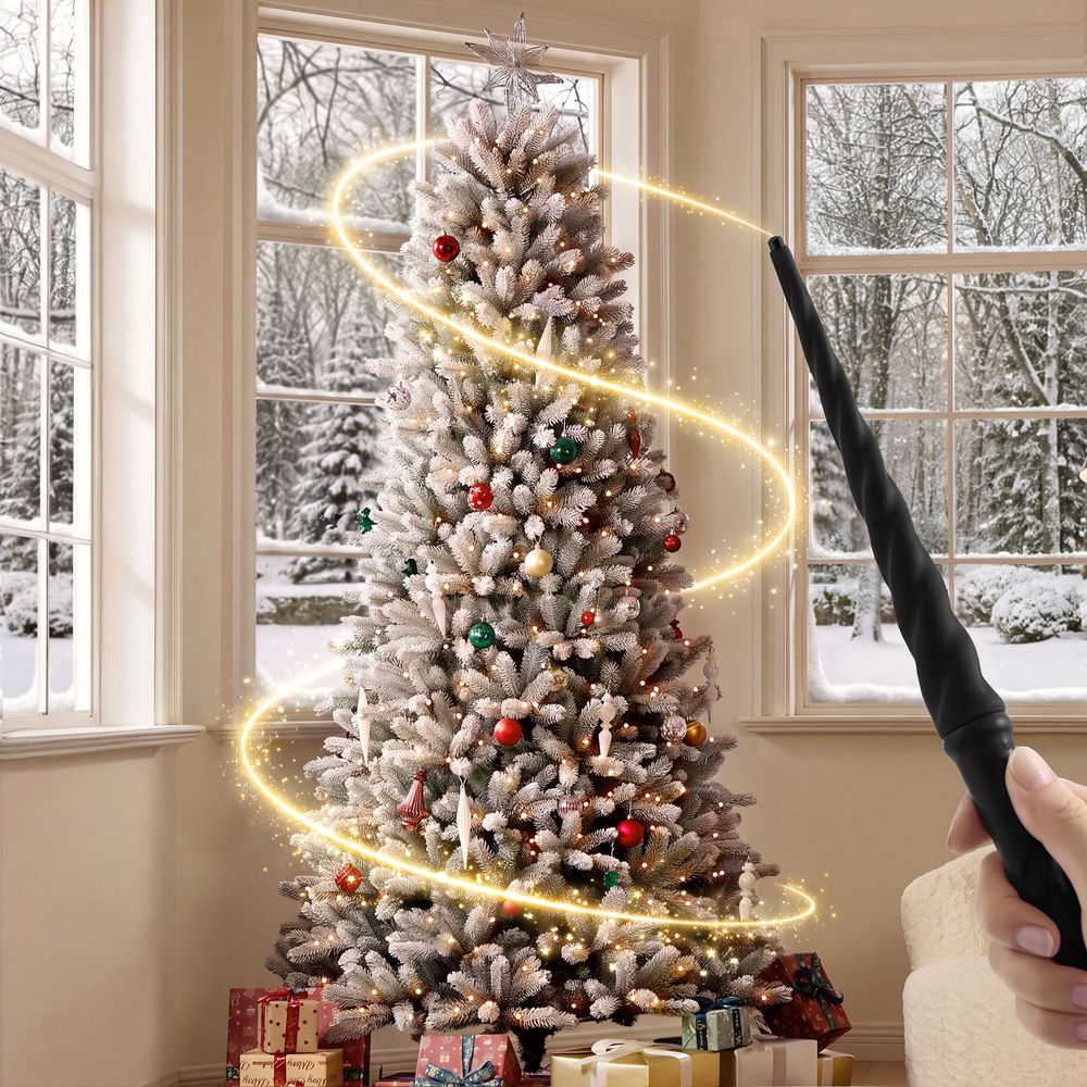 Snowy living room featuring the CastGlow 7.5 ft pre-lit slim flocked artificial Christmas tree controlled by a magic wand. - image 2 of 14
