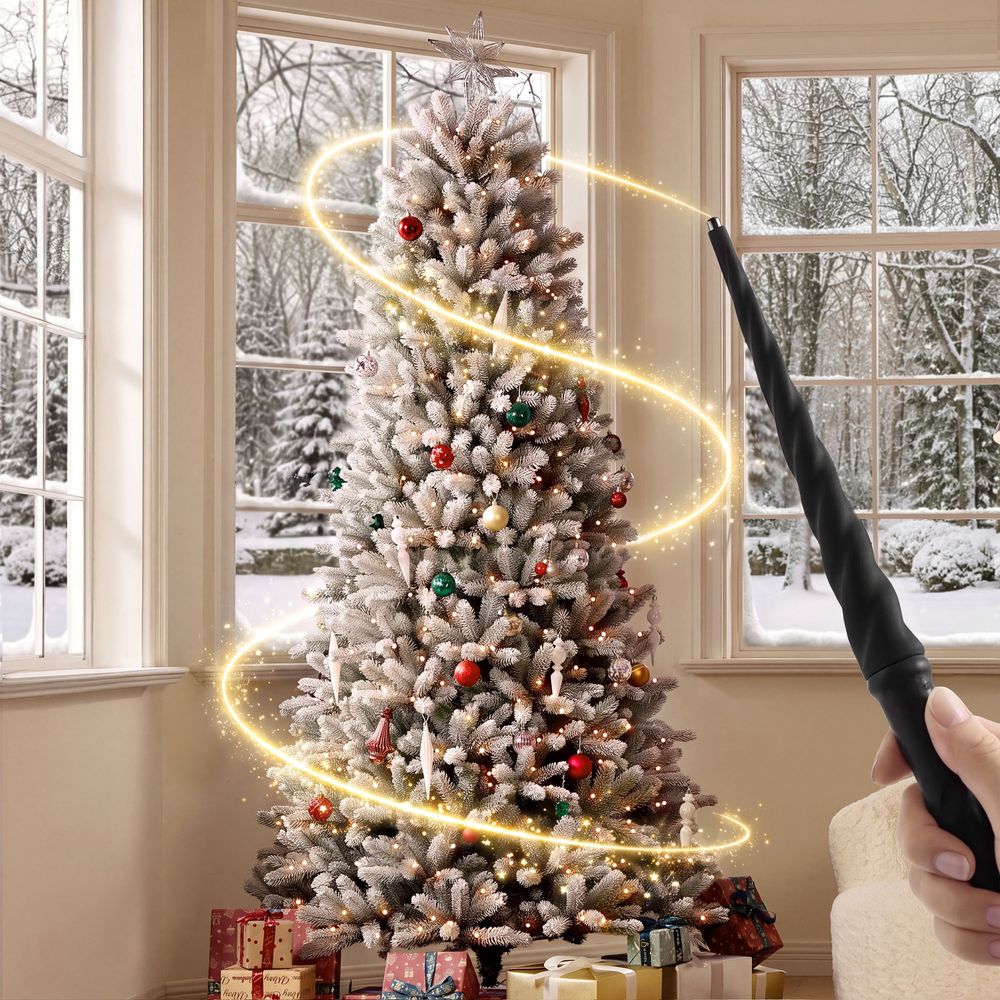 Snowy living room featuring the CastGlow 7.5 ft pre-lit slim flocked artificial Christmas tree controlled by a magic wand. - image 2 of 14