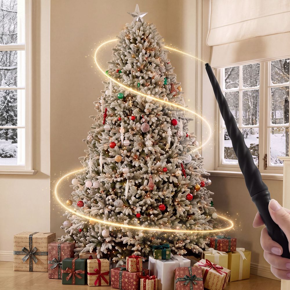 Person using a magic wand to control the lights on a fully decorated flocked artificial Christmas tree. - image 2 of 14