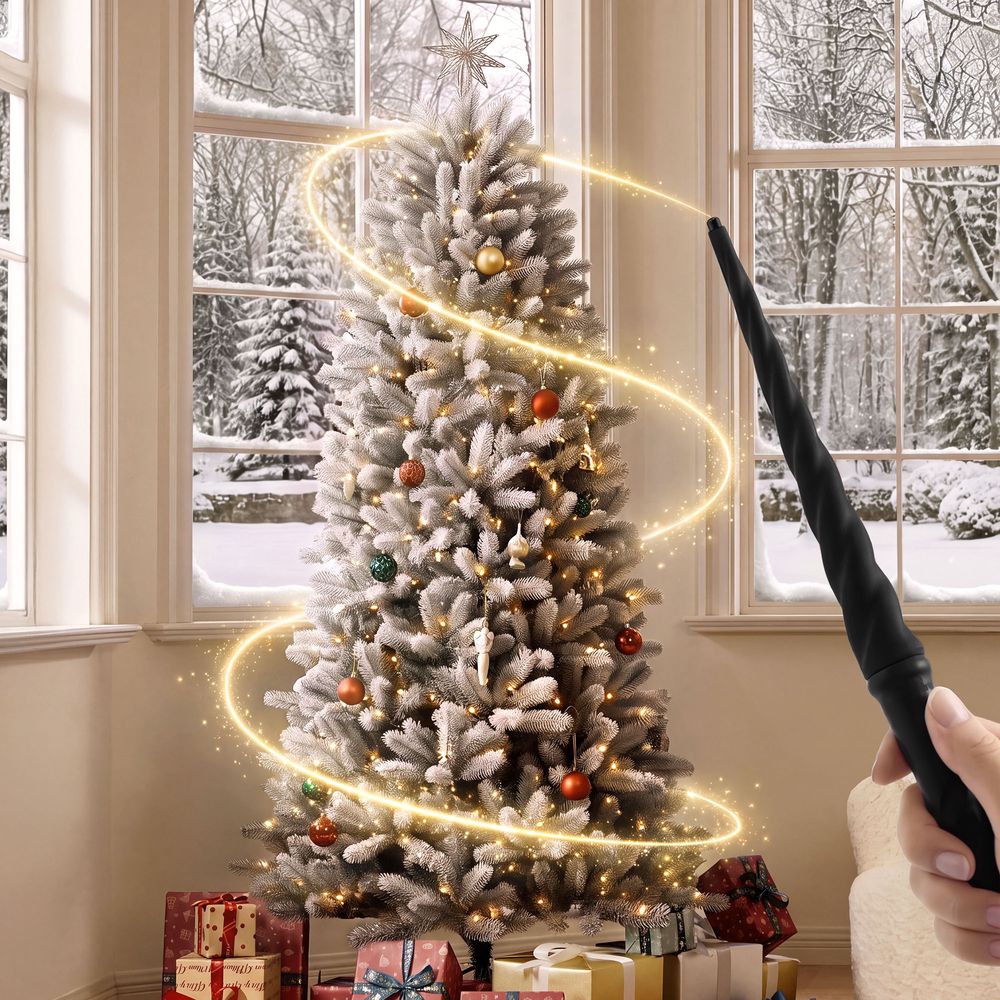Controlling the CastGlow 6.5 ft pre-lit slim flocked artificial Christmas tree with the magic wand. - image 2 of 13