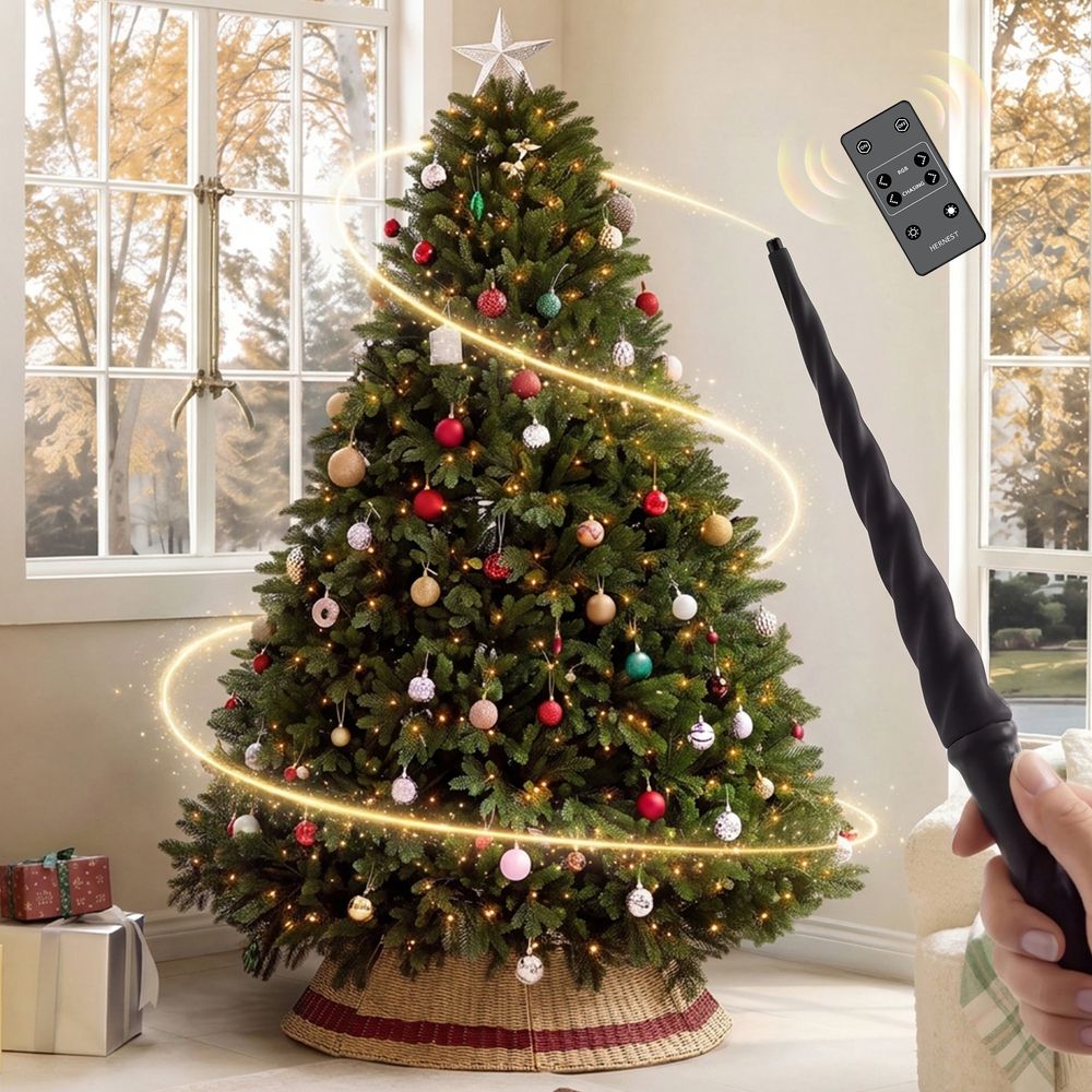 Cozy living room featuring the CastGlow 6.5 ft pre-lit natural green artificial Christmas tree controlled by a magic wand. - image 2 of 12