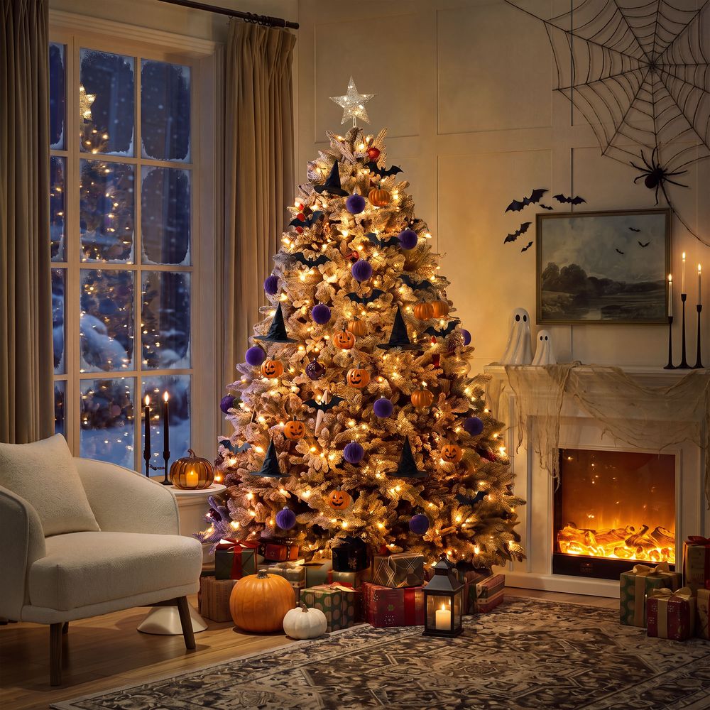 Decorated CastGlow 6.5 ft pre-lit flocked artificial Christmas tree in a cozy living room with a fireplace. - image 9 of 14