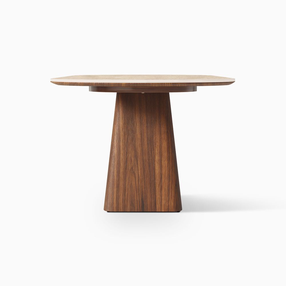 Side view of the Hernest Thorsten 84 inch Oval Dining Table, showcasing its elegant Sintered Stone tabletop and uniquely wooden base. - image 10 of 10