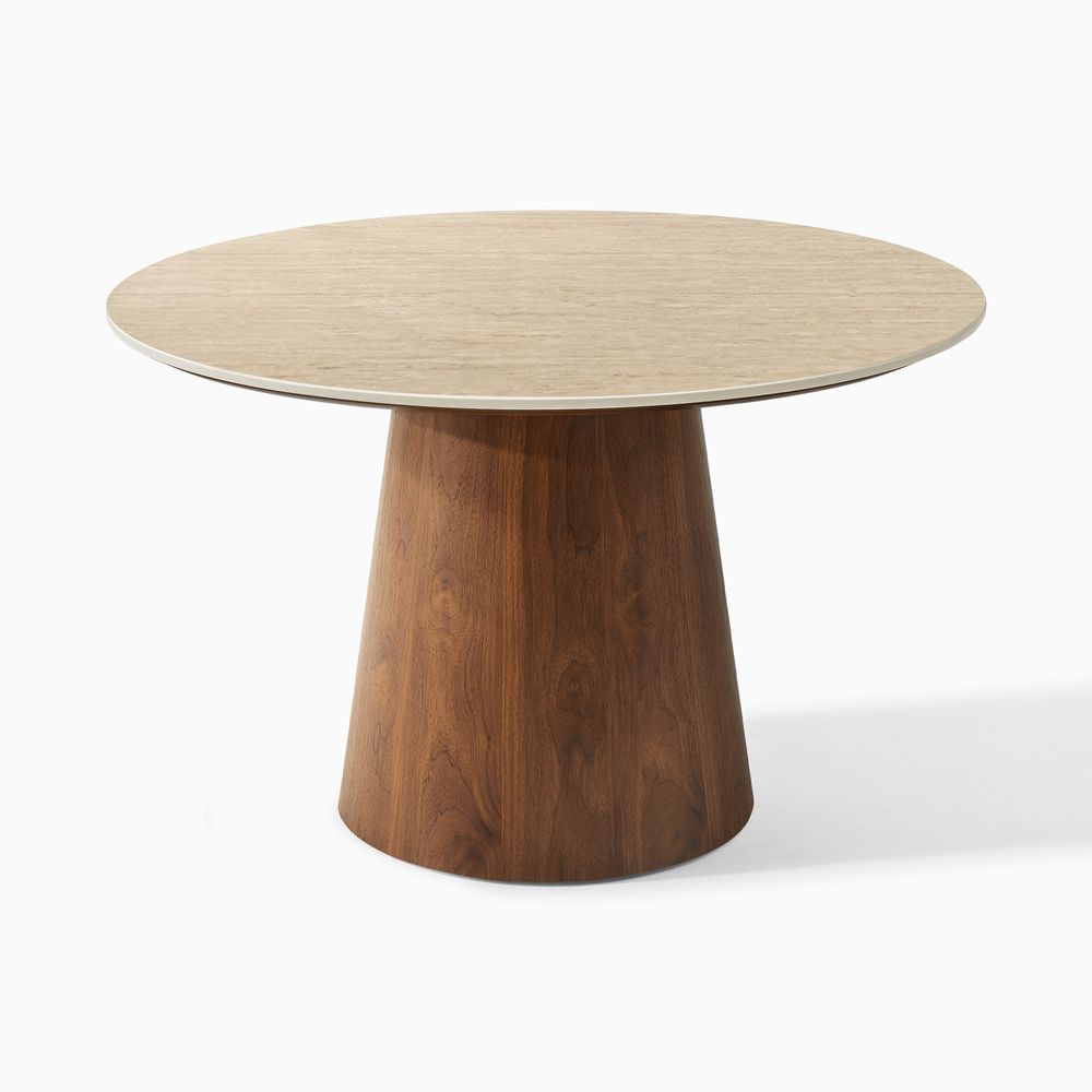 Thorsten 47-inch round dining table featuring a smooth beige sintered stone top and a striking conical wooden base. - image 7 of 7