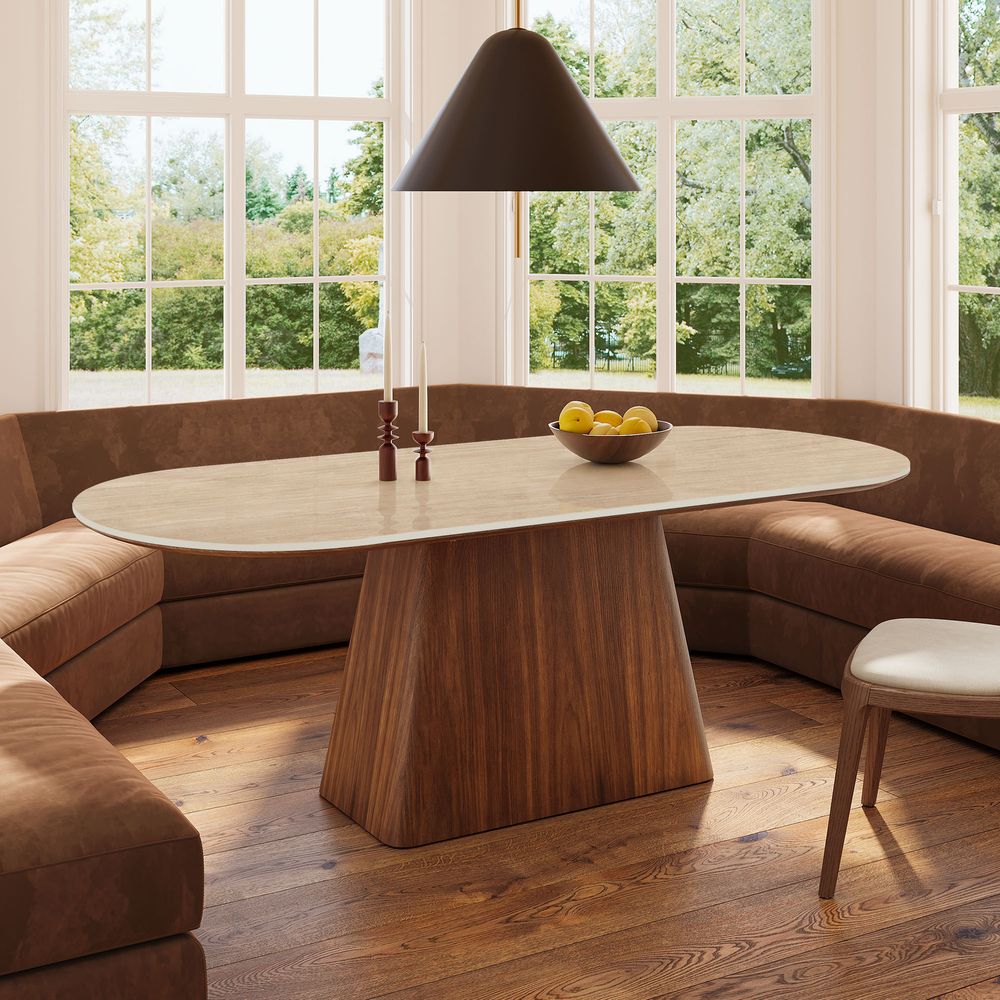 Hernest Thorsten 84 inch Oval Dining Table with a Sintered Stone top and wood pedestal base, styled in a sunlit dining nook with a curved banquette. - image 2 of 10
