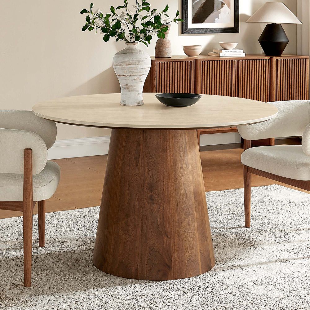 Thorsten 47-inch round dining table with beige sintered stone top styled in a modern dining room with chairs. - image 2 of 7