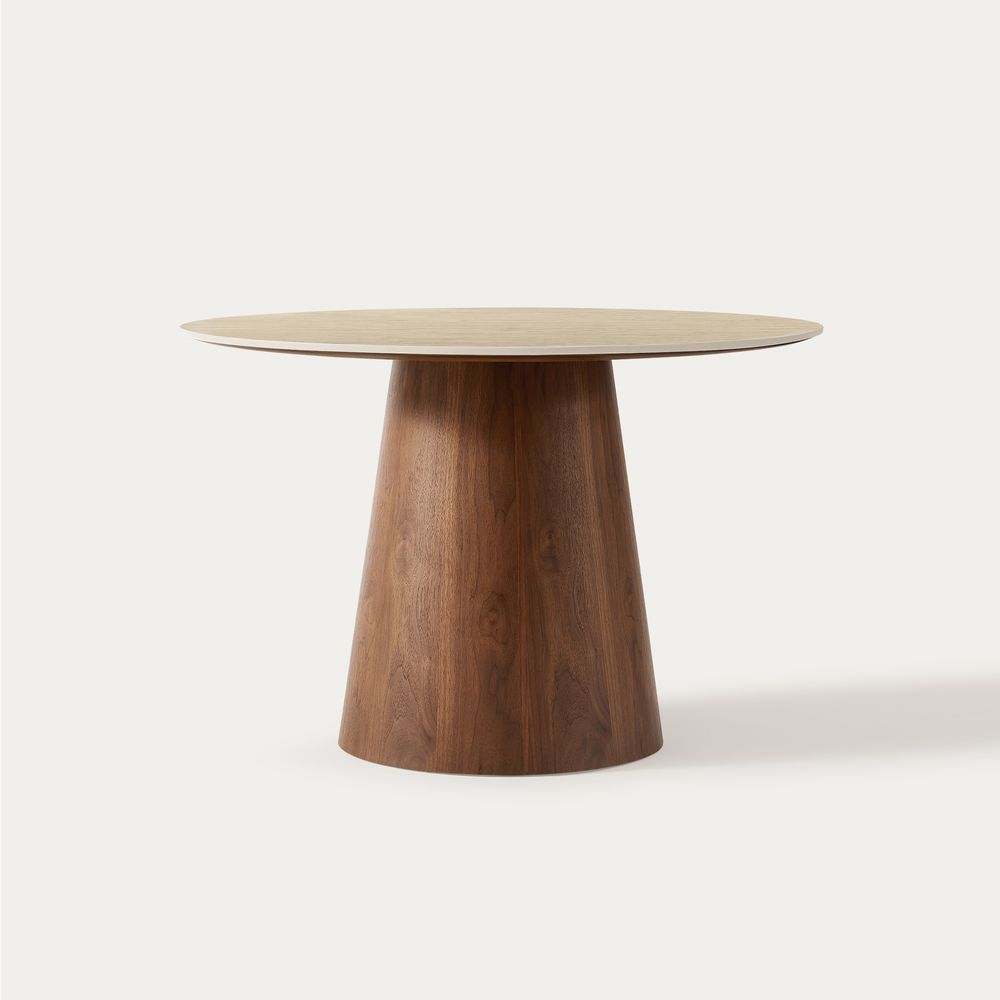Hernest Thorsten 47-inch round dining table with a beige sintered stone top and conical walnut base finsih. - image 1 of 7
