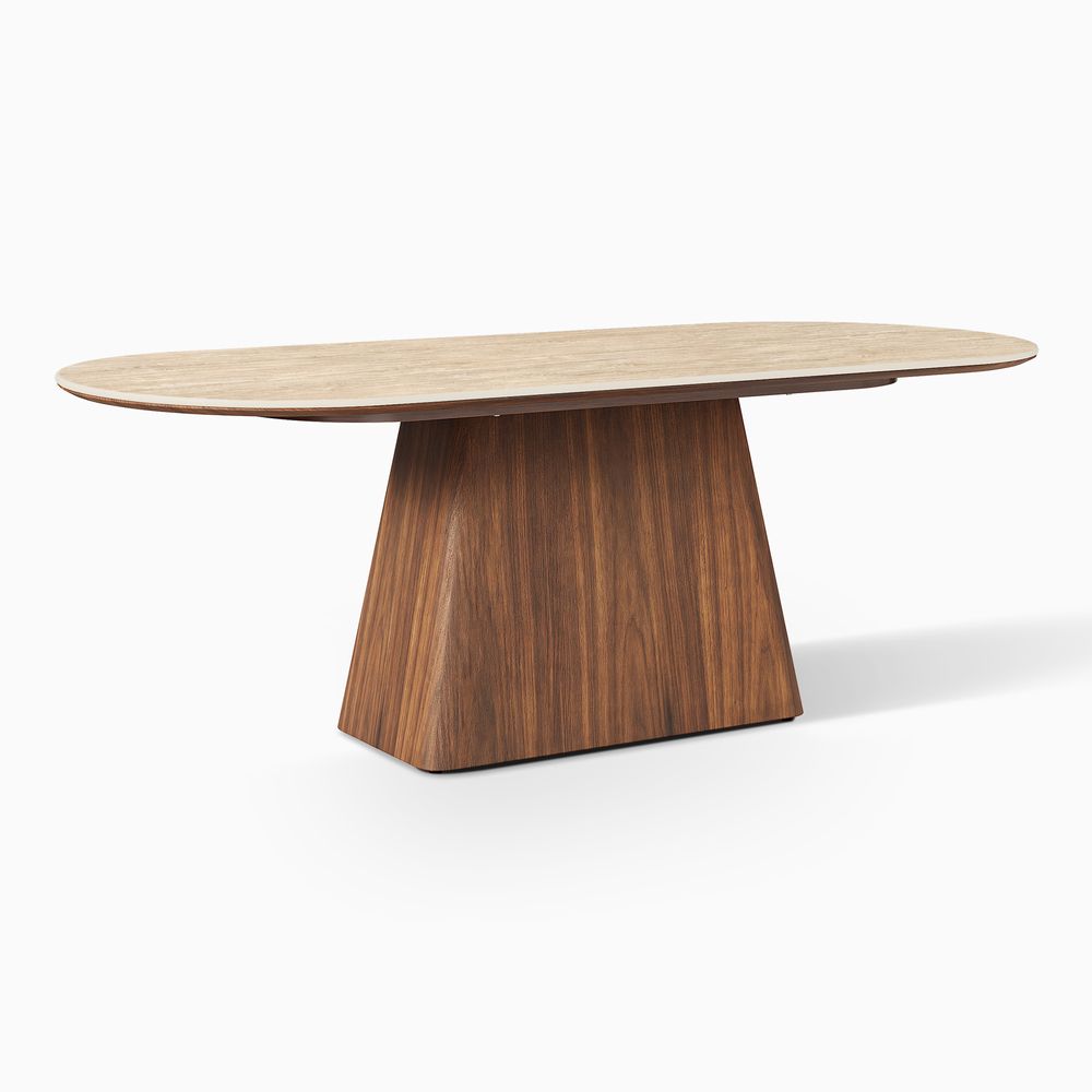 Hernest Thorsten 84 inch Oval Dining Table featuring a durable Sintered Stone top and a sculptural wooden pedestal base in a studio setting. - image 9 of 10