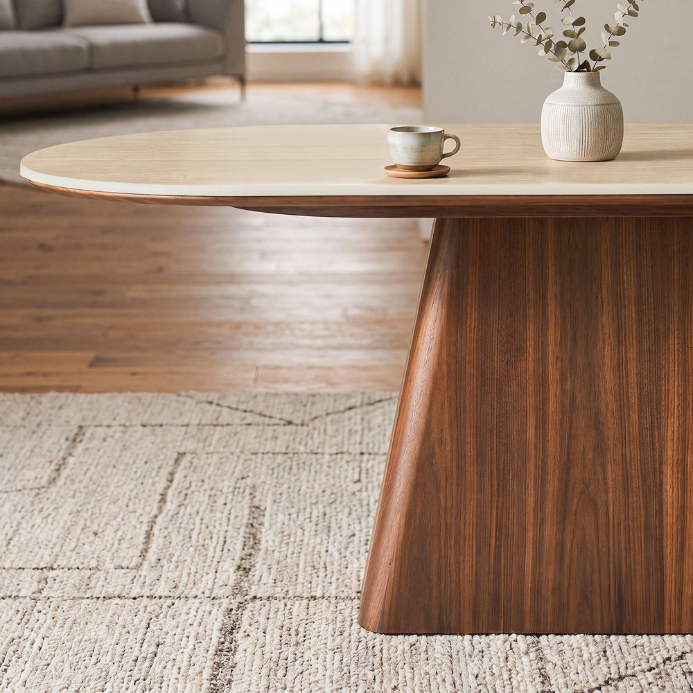 Side view close-up of the Hernest Thorsten 84 inch Oval Dining Table, highlighting the Sintered Stone top and uniquely wooden base. - image 8 of 10