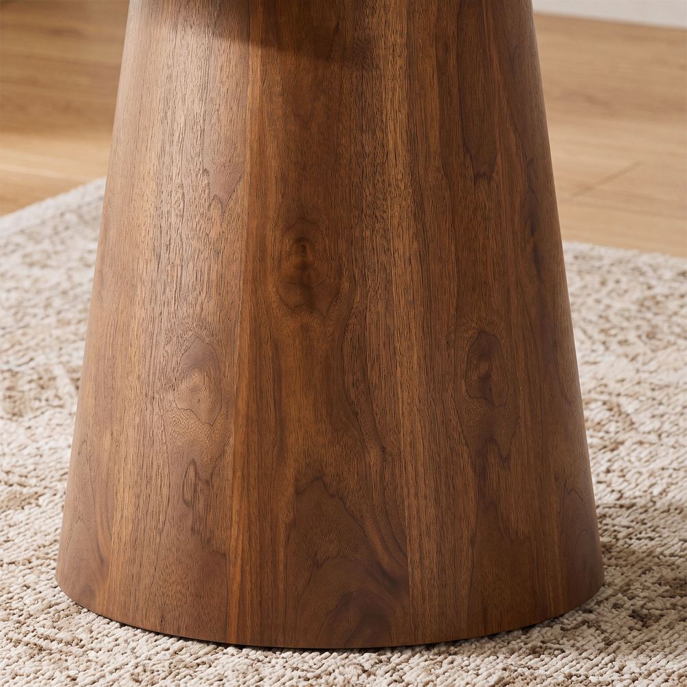 Close-up of the striking conical wooden base of the Thorsten dining table, crafted with rich American walnut veneer. - image 6 of 7