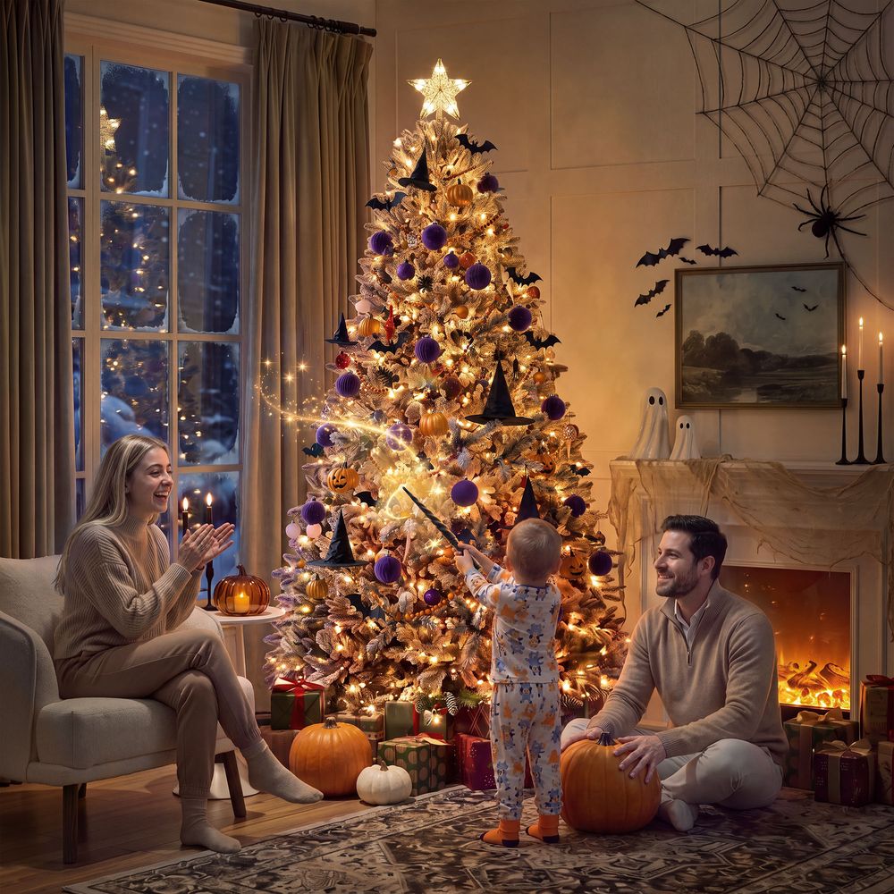 Fully decorated artificial Christmas tree with flocked branches, colorful ornaments, and gifts by a cozy fireplace. - image 2 of 14