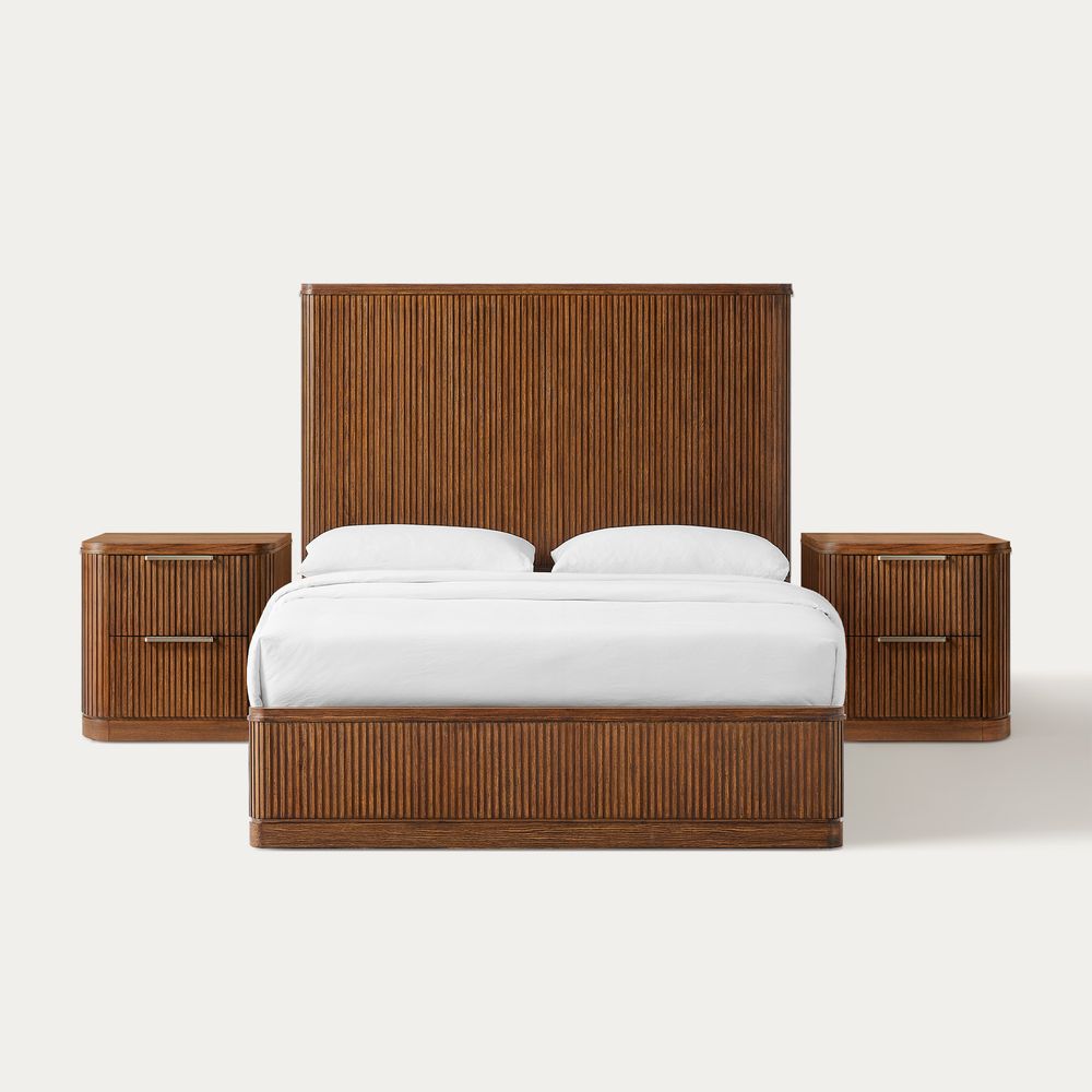 3-Piece Brown Wooden Fluted Bedroom Set
