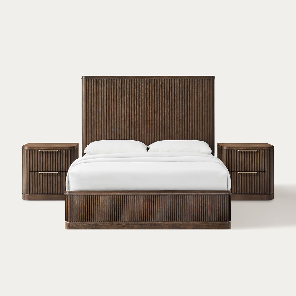 3-Piece Dark Brown Wooden Fluted Bedroom Set