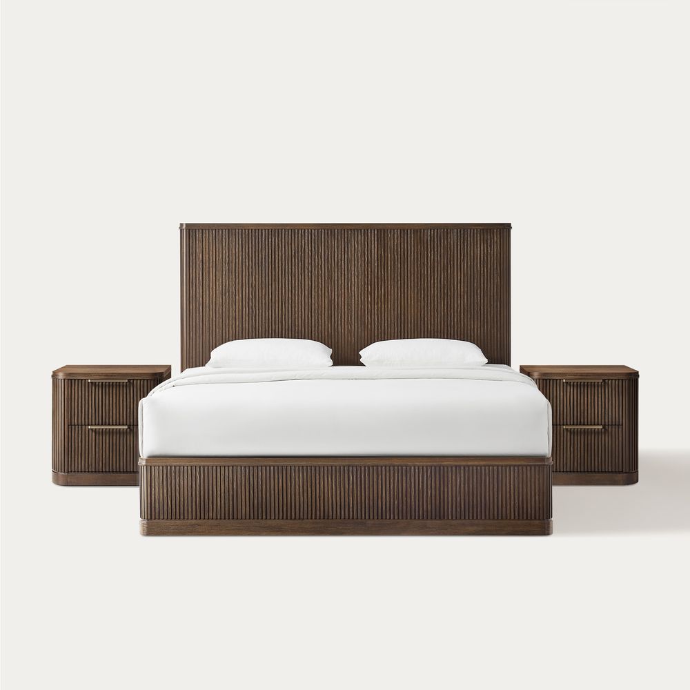 3-Piece Dark Brown Wooden Fluted Bedroom Set