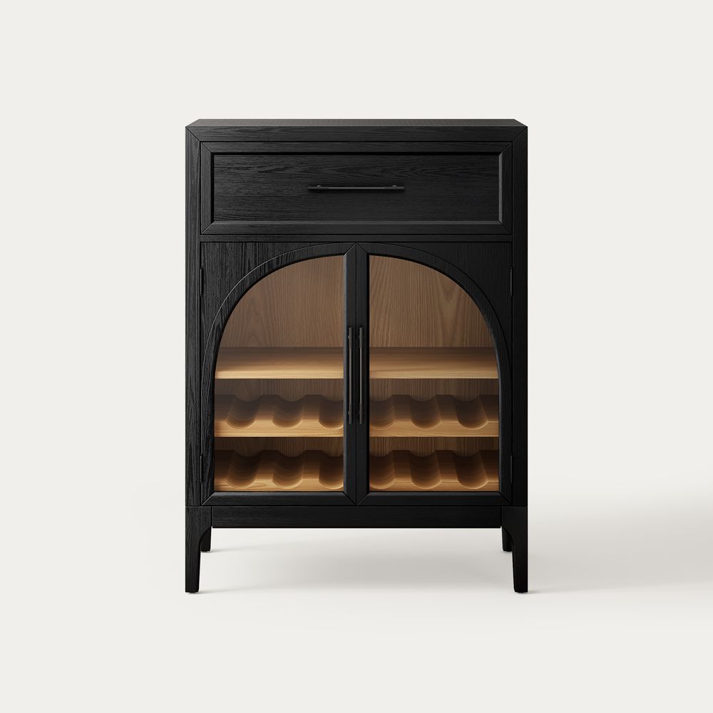 Valborg 36 inch  Black Oak Arch Glass Door Bar Cabinet