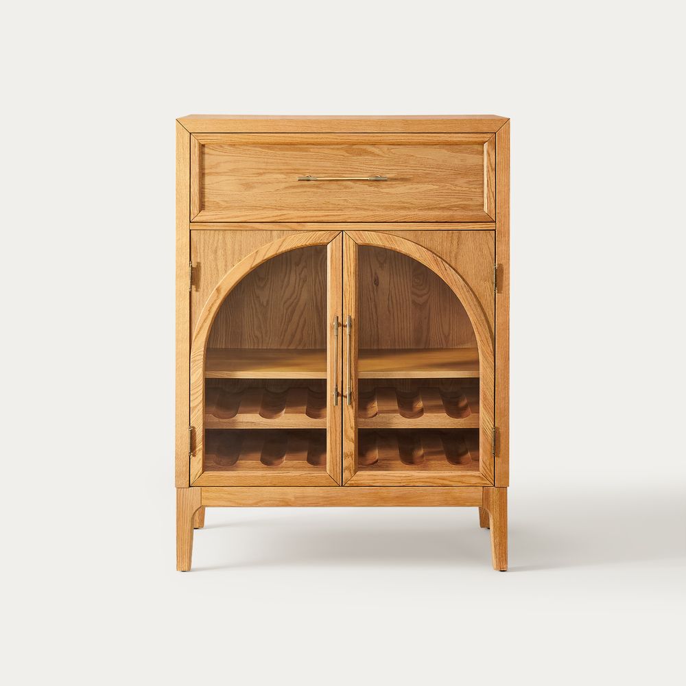 Valborg 36 inch  Natural Oak Arch Glass Door Bar Cabinet