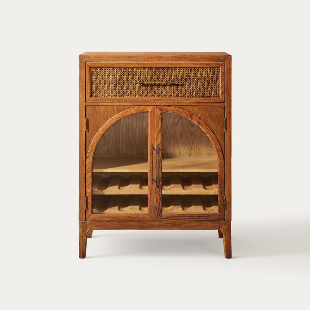 Valborg 36 inch  Oak Arch Glass Door Bar Cabinet