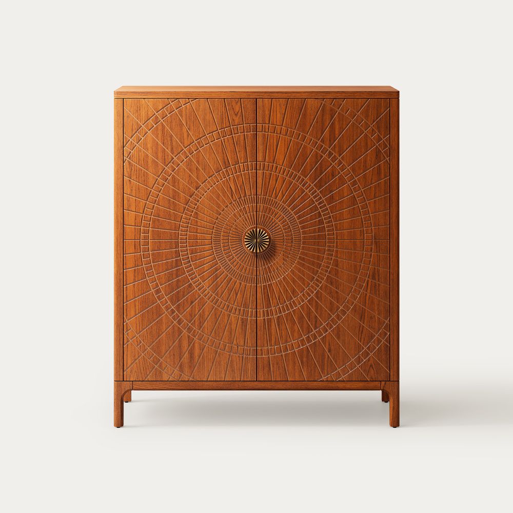 47 inch  Mid Century Brown Solid Oak Home Bar Storage Cabinet