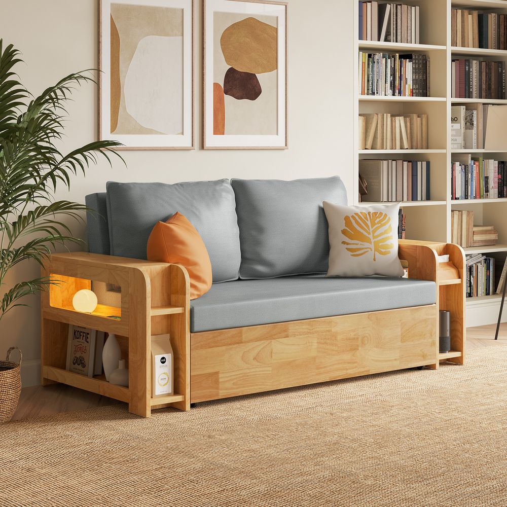 wooden sofa bed with storage armrest