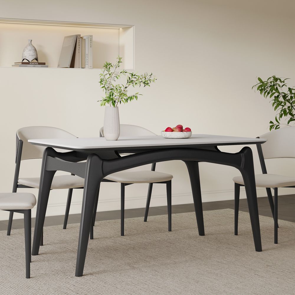 55 Inch Modern Rectangle Black Wood Dining Table with Sintered Stone ...