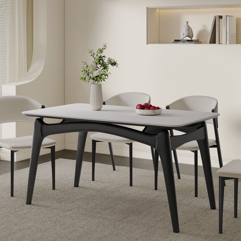 55 Inch Modern Rectangle Black Wood Dining Table with Sintered Stone ...
