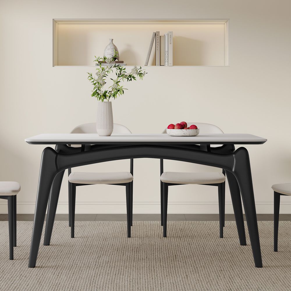 55 Inch Modern Rectangle Black Wood Dining Table with Sintered Stone ...