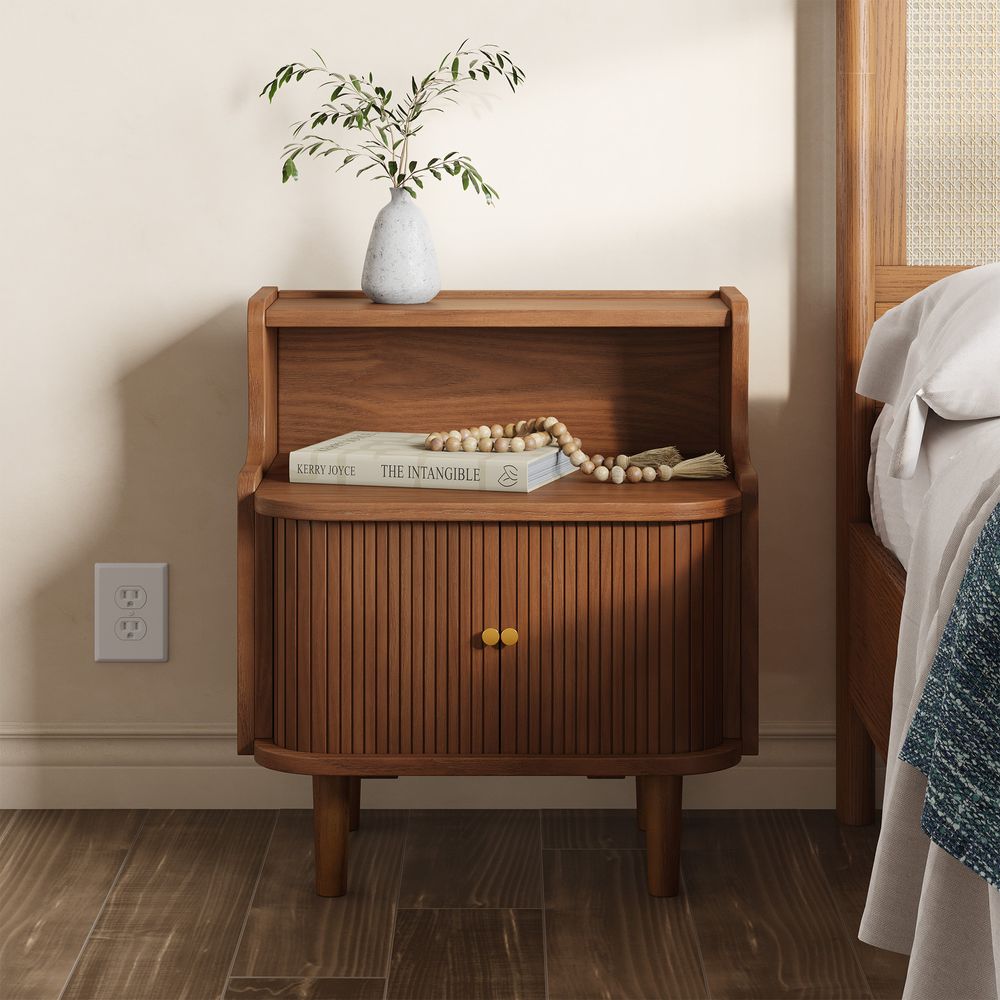 Mid Century Modern Wooden Tambour Door Nightstand